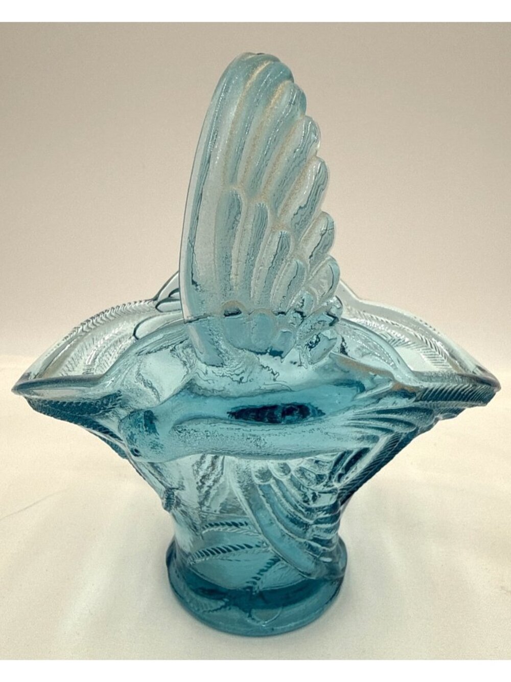 Vtg Blue Glass Basket Embossed Bird & Fern Design 7" Tall Decorative Collectible